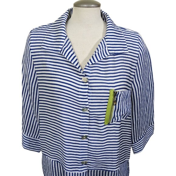 IC Connie K Button Up Shirt Blouse Womens L White Blue Striped Zippers Flax - Picture 2 of 11